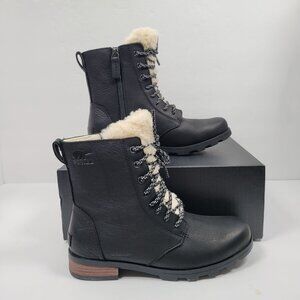 Sorel Emelie Women's Genuine Shearling Short Lace Cozy Black Boots US Size 7 NWB